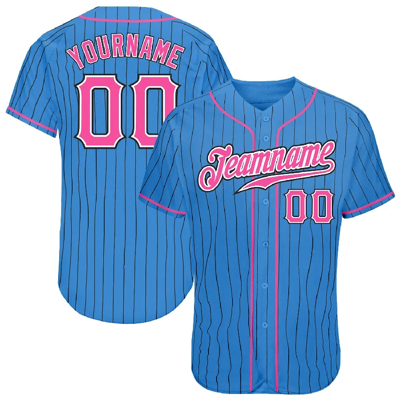 Custom Powder Blue Black Pinstripe Pink-White Authentic Baseball Jersey