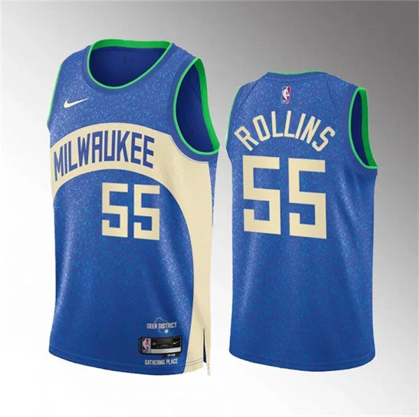 Men's Milwaukee Bucks #55 Ryan Rollins 2023/24 Blue City Edition Stitched Basketball Basketball Jersey