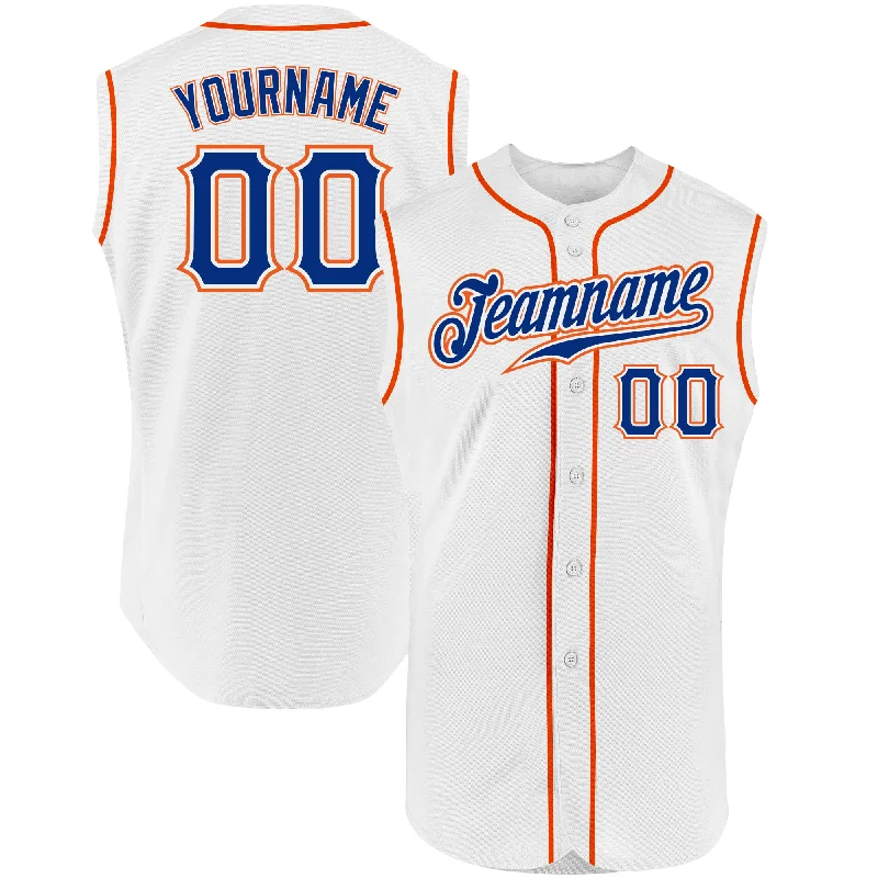 Custom White Royal-Orange Authentic Sleeveless Baseball Jersey