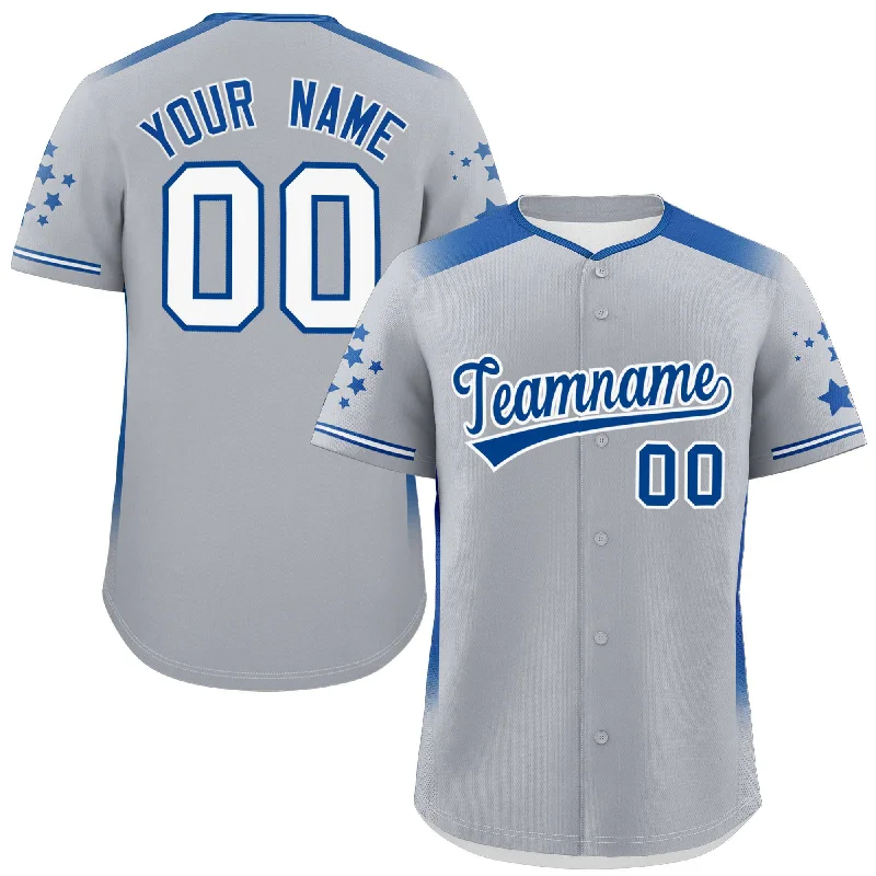 Custom Gray Royal Gradient Side Personalized Star Pattern Authentic Baseball Jersey