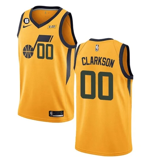 Men's Utah Jazz #00 Jordan Clarkson Gold Statement Edition With No.6 Patch Swingman Stitched Basketball Jersey