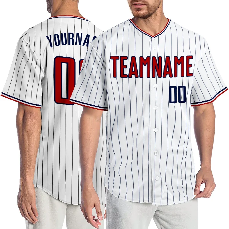 Custom White Navy Pinstripe Red-Navy Authentic Baseball Jersey