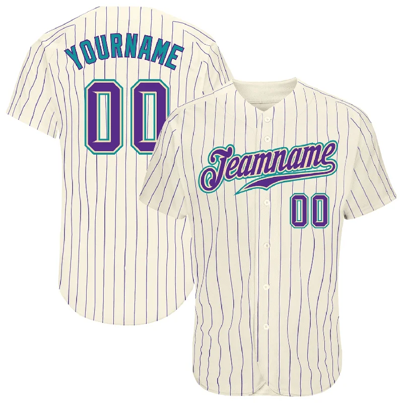 Custom Cream Purple Pinstripe Purple-Teal Authentic Baseball Jersey