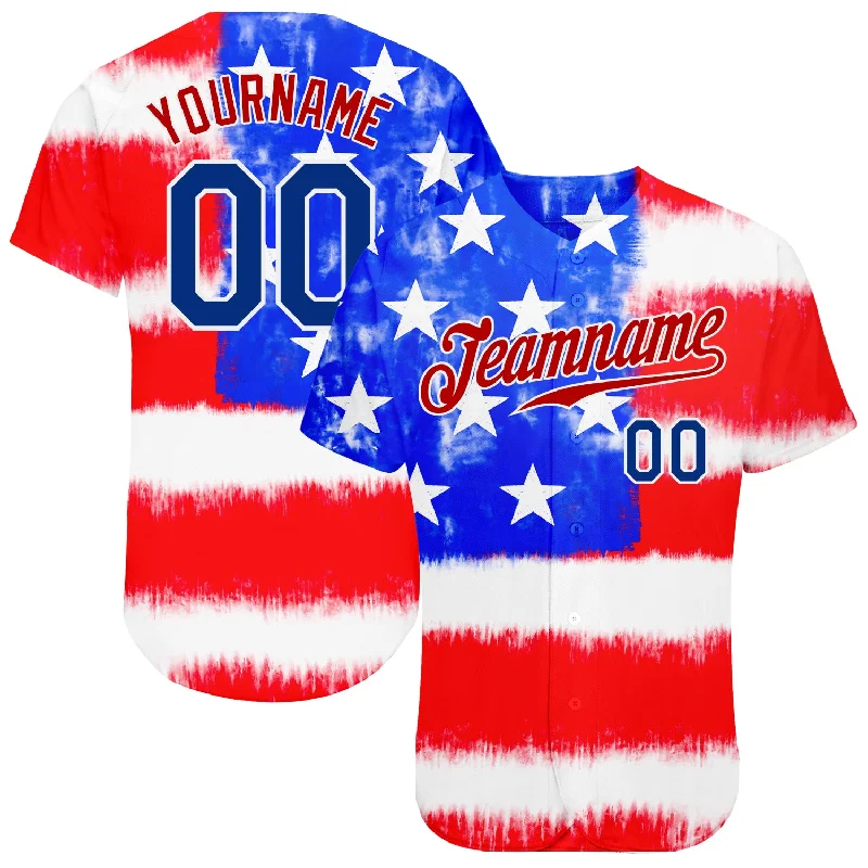 Custom Tie Dye Royal-Red 3D American Flag Authentic Baseball Jersey