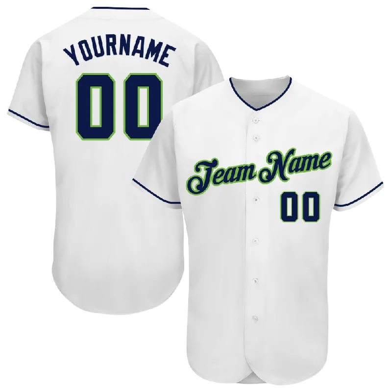 Custom White Navy-Neon Green Authentic Baseball Jersey