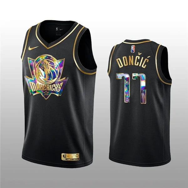 Men's Dallas Mavericks #77 Luka Doncic 2021/22 Black Golden Edition 75th Anniversary Diamond Logo Stitched Basketball Basketball Jersey