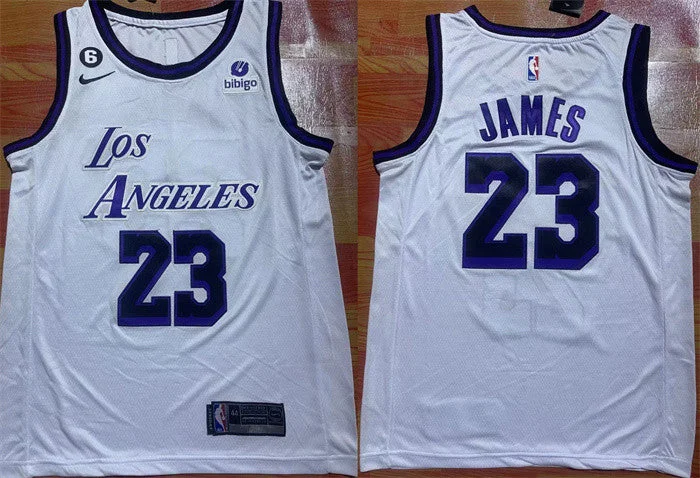 Men's Los Angeles Lakers #23 LeBron James 2022/23 White With NO.6 Patch Stitched Basketball Basketball Jersey