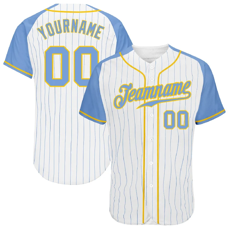 Custom White Light Blue Pinstripe Light Blue-Gold Authentic Raglan Sleeves Baseball Jersey