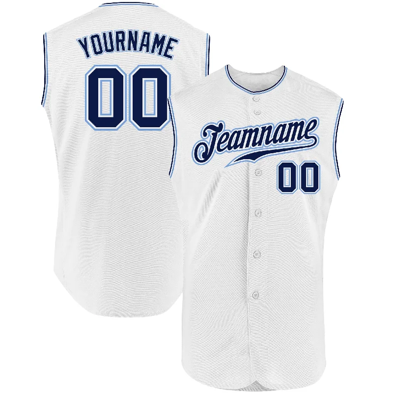 Custom White Navy-Light Blue Authentic Sleeveless Baseball Jersey