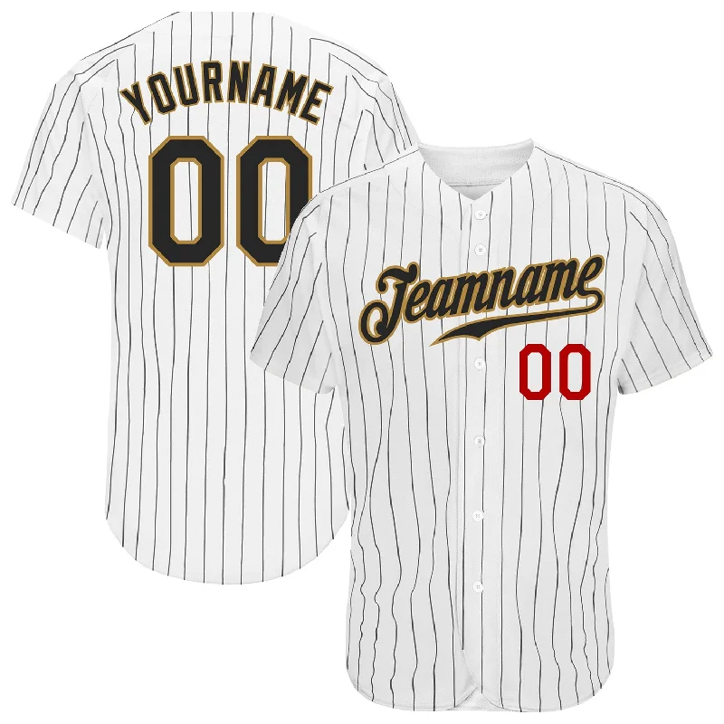 Custom White Black Pinstripe Black Old Gold-Red Authentic Baseball Jersey