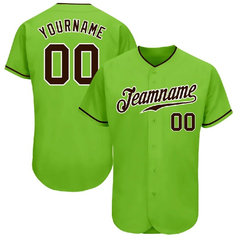 Custom Neon Green Brown-White Authentic Baseball Jersey