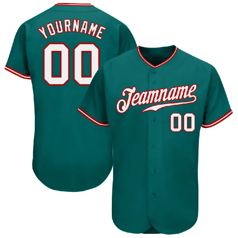 Custom Teal White-Red Authentic Baseball Jersey