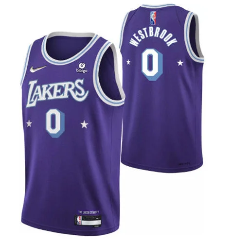 Men's Los Angeles Lakers #0 Russell Westbrook Purple 2021 City Edition 75th Anniversary Stitched Basketball Jersey