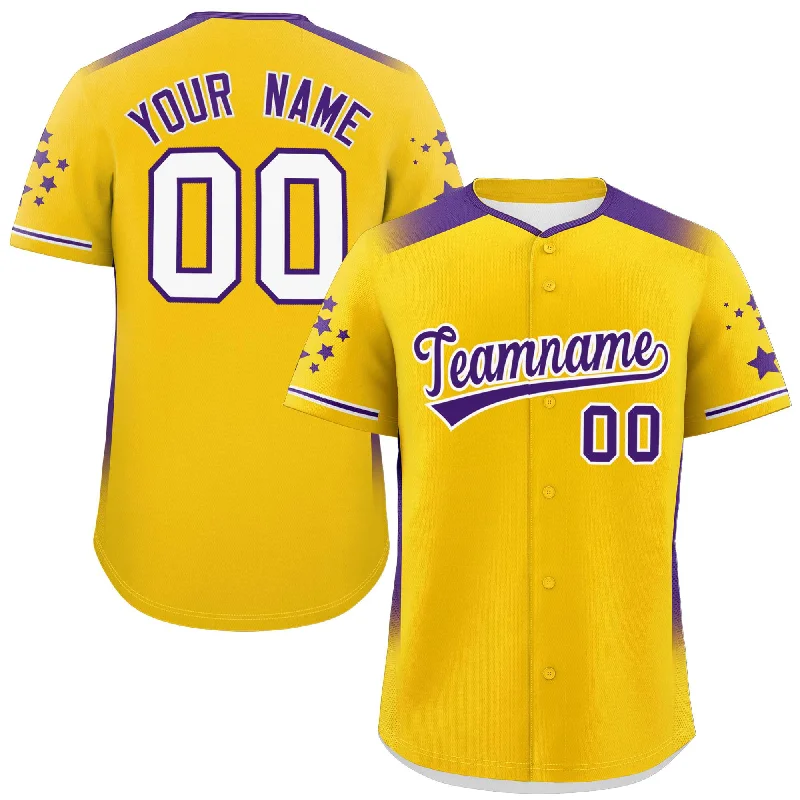 Custom Gold Purple Gradient Side Personalized Star Pattern Authentic Baseball Jersey