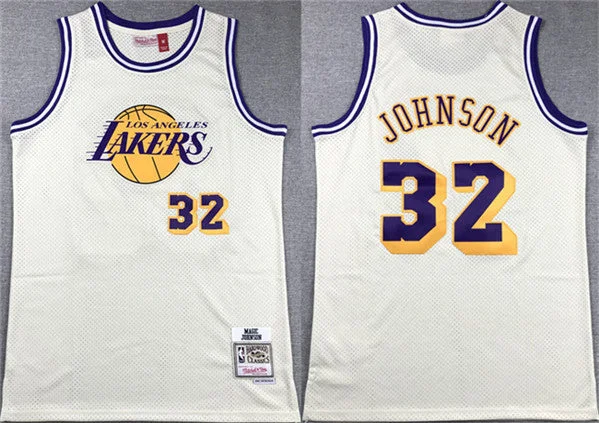 Men's Los Angeles Lakers #32 Magic Johnson White Throwback basketball Basketball Jersey