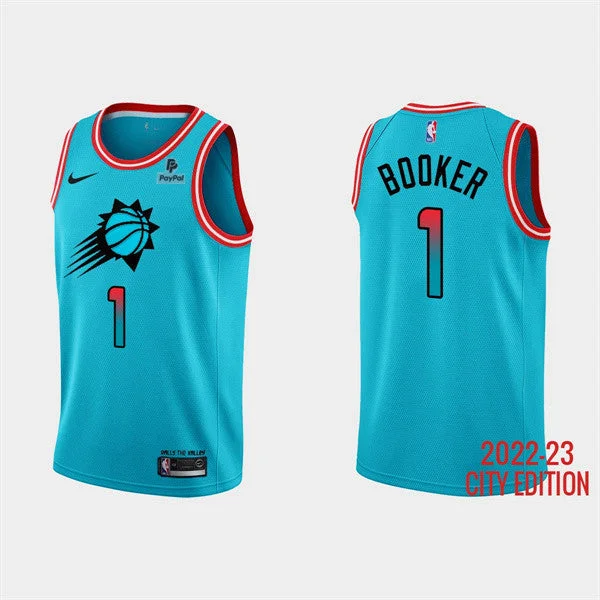 Men's Phoenix Suns #1 Devin Booker Blue 2022/23 City Edition With Black payple Logo Stitched Basketball Basketball Jersey