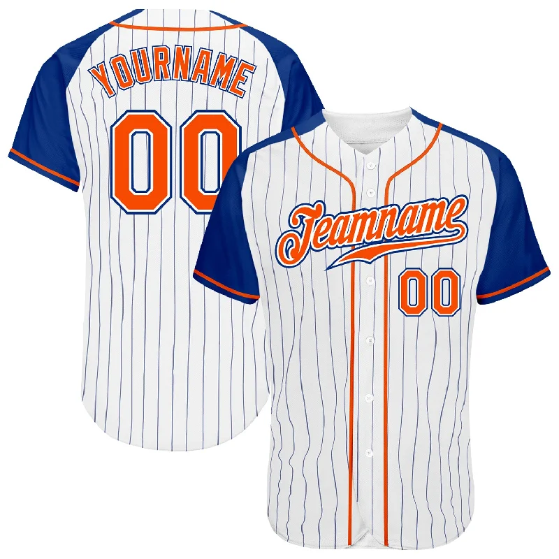 Custom White Royal Pinstripe Orange-Royal Authentic Raglan Sleeves Baseball Jersey