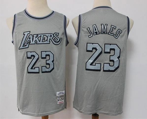 Men's Los Angeles Lakers #23 LeBron James Gray Throwback Stitched Basketball Basketball Jersey