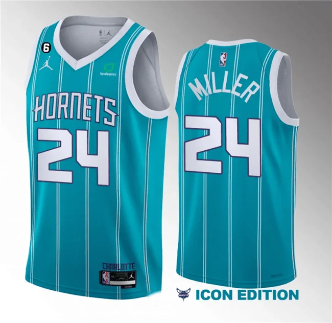 Men's Charlotte Hornets #24 Brandon Miller Teal 2022/23 Draft Icon Edition With NO.6 Patch Stitched Basketball Basketball Jersey