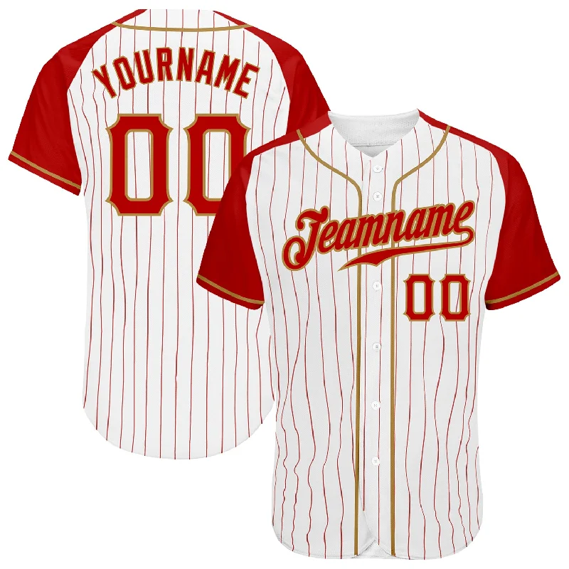 Custom White Red Pinstripe Red-Old Gold Authentic Raglan Sleeves Baseball Jersey