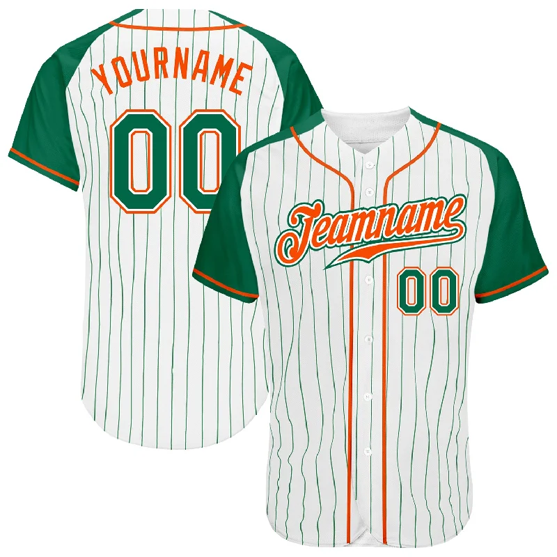 Custom White Kelly Green Pinstripe Kelly Green-Orange Authentic Raglan Sleeves Baseball Jersey