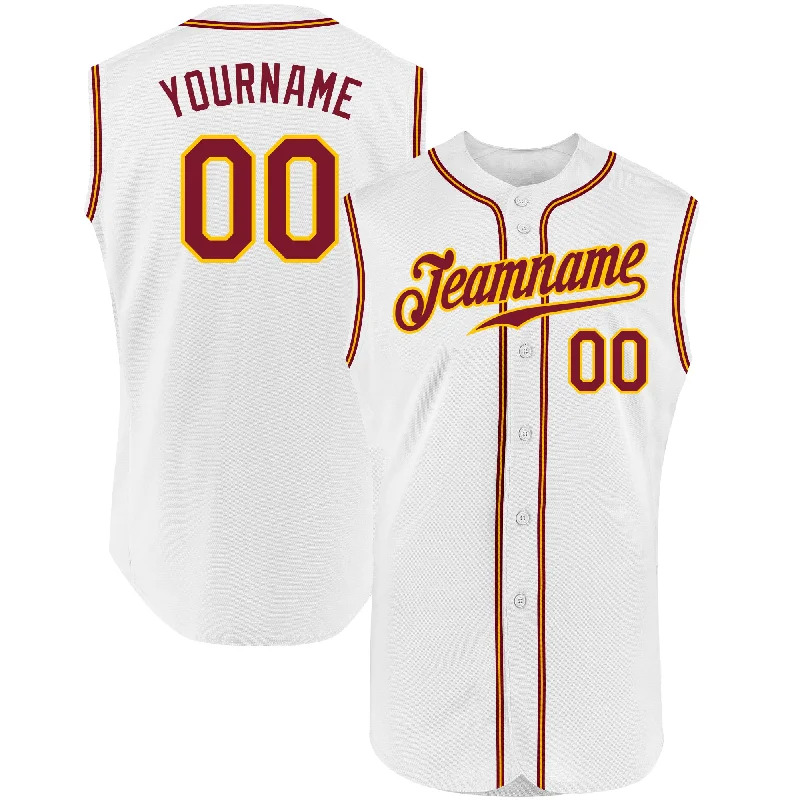 Custom White Crimson-Gold Authentic Sleeveless Baseball Jersey