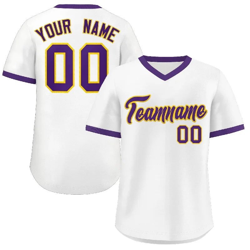 Custom White Purple Classic Style V-Neck Authentic Pullover Baseball Jersey