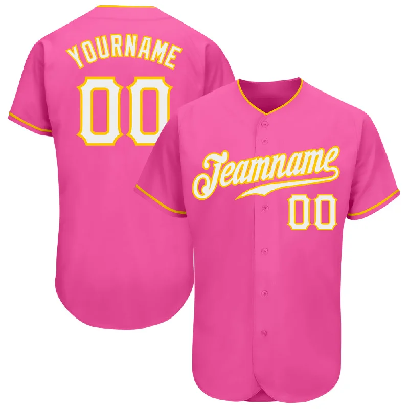 Custom Pink White-Gold Authentic Baseball Jersey