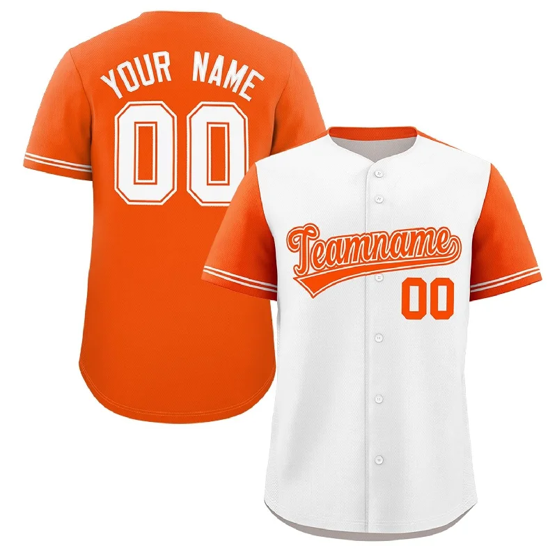 Custom White Orange Color Block Personalized Raglan Sleeves Authentic Baseball Jersey