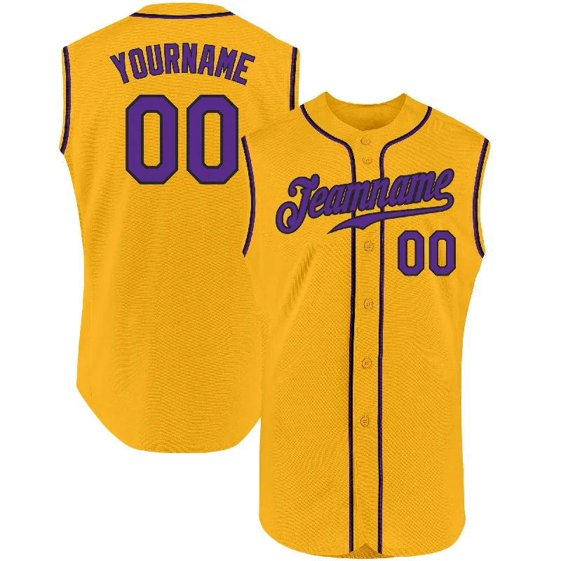 Custom Gold Purple-Black Authentic Sleeveless Baseball Jersey