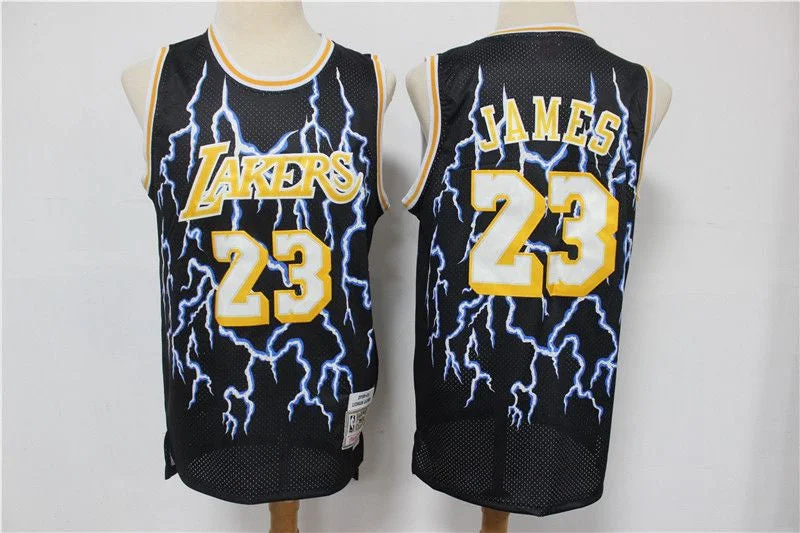 Men's Los Angeles Lakers Black #23 LeBron James Hardwood Classics Lightning Limited Edition Stitched Basketball Jersey