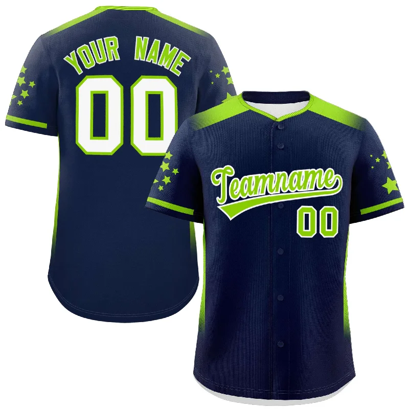 Custom Navy Neon Green Gradient Side Personalized Star Pattern Authentic Baseball Jersey