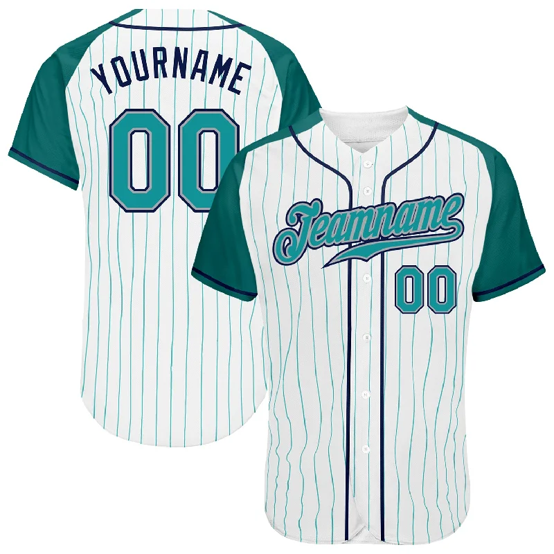 Custom White Aqua Pinstripe Aqua-Navy Authentic Raglan Sleeves Baseball Jersey